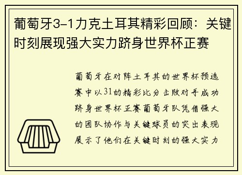 葡萄牙3-1力克土耳其精彩回顾：关键时刻展现强大实力跻身世界杯正赛