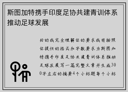 斯图加特携手印度足协共建青训体系推动足球发展 斯图加特携手印度足协共建青训体系推动足球发展